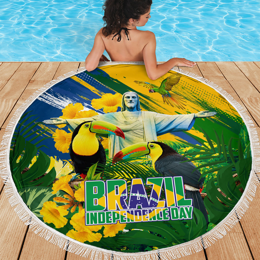 Brazil Independence Day Beach Blanket One Nation One Heart - Tropical Toucan Macaw Christ Redeemer