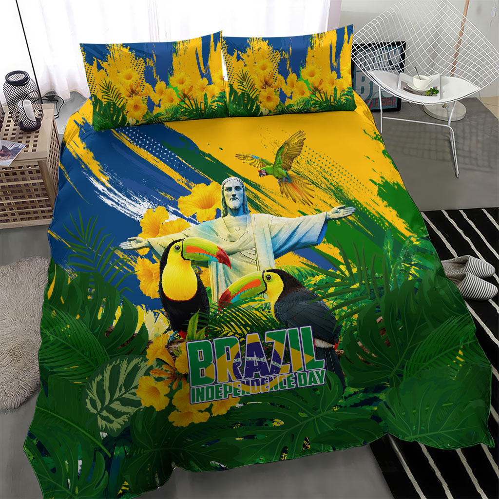 Brazil Independence Day Bedding Set One Nation One Heart - Tropical Toucan Macaw Christ Redeemer