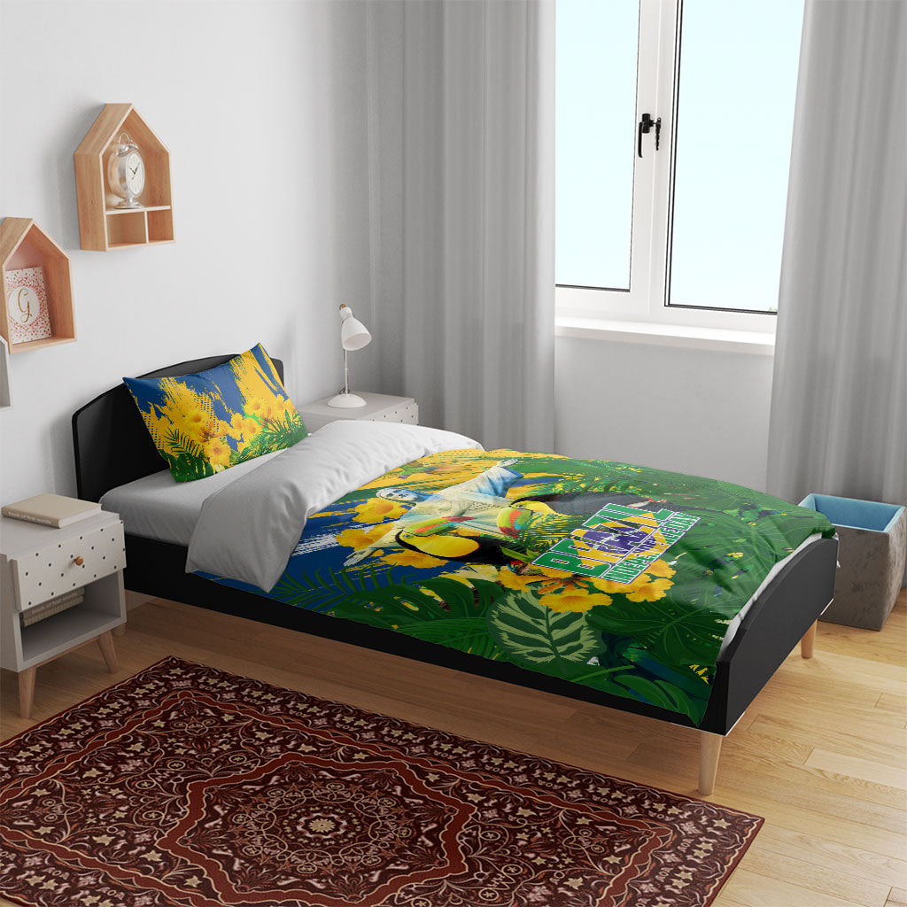 Brazil Independence Day Bedding Set One Nation One Heart - Tropical Toucan Macaw Christ Redeemer