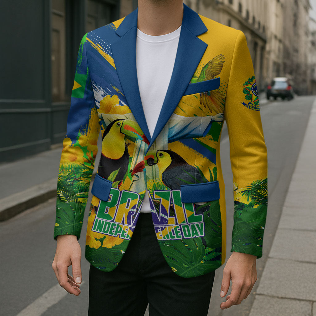 Brazil Independence Day Blazer One Nation One Heart - Tropical Toucan Macaw Christ Redeemer