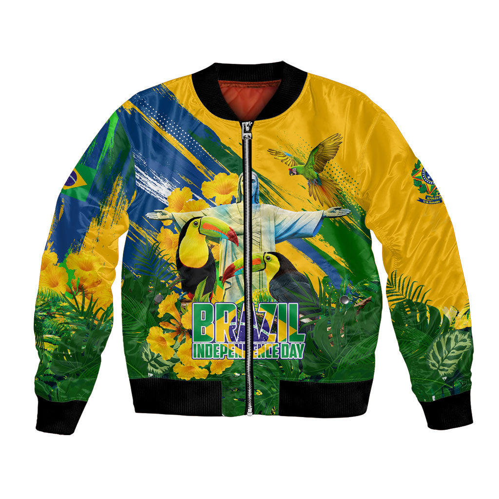 Brazil Independence Day Bomber Jacket One Nation One Heart - Tropical Toucan Macaw Christ Redeemer