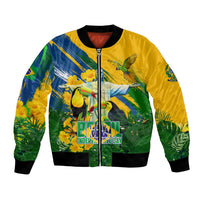 Brazil Independence Day Bomber Jacket One Nation One Heart - Tropical Toucan Macaw Christ Redeemer