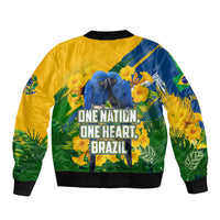 Brazil Independence Day Bomber Jacket One Nation One Heart - Tropical Toucan Macaw Christ Redeemer