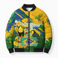 Brazil Independence Day Bomber Puffer Jacket One Nation One Heart - Tropical Toucan Macaw Christ Redeemer