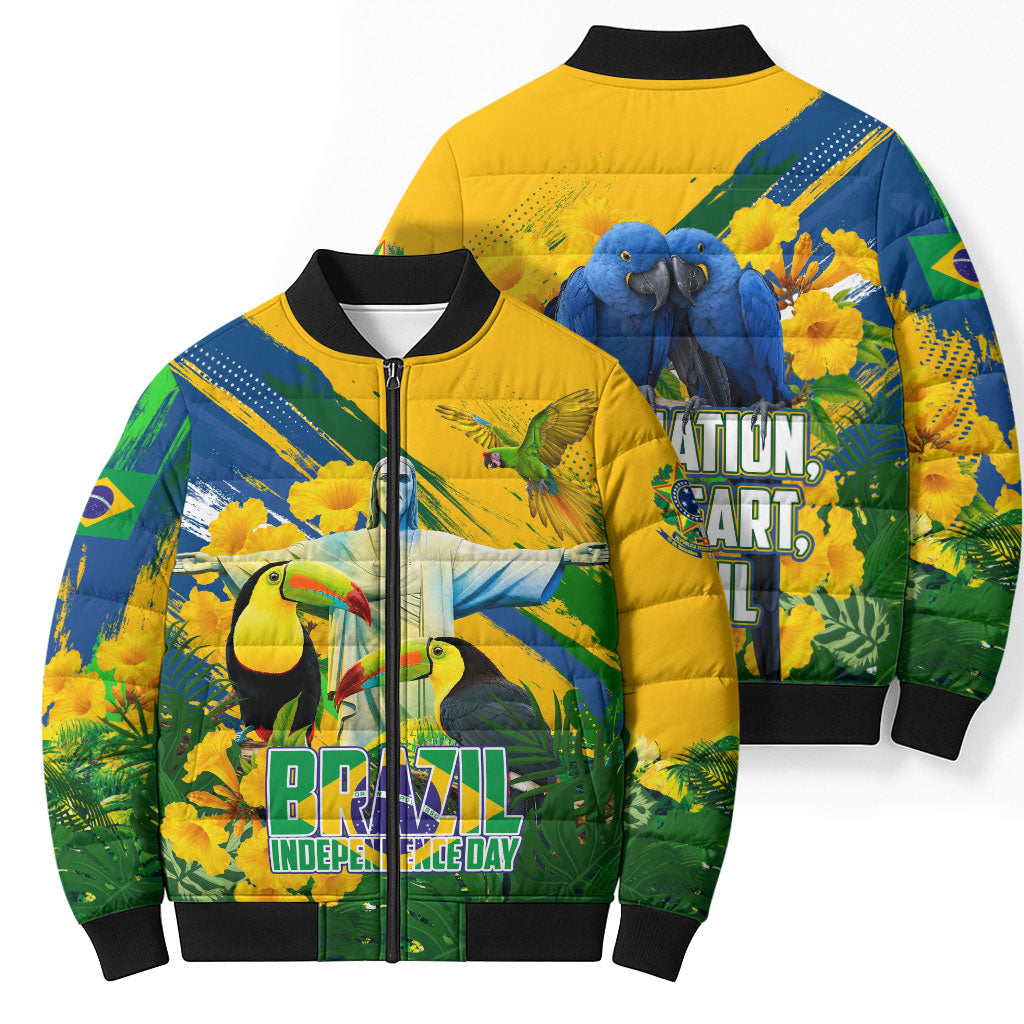 Brazil Independence Day Bomber Puffer Jacket One Nation One Heart - Tropical Toucan Macaw Christ Redeemer