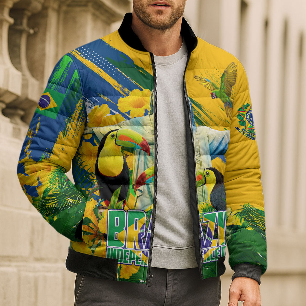 Brazil Independence Day Bomber Puffer Jacket One Nation One Heart - Tropical Toucan Macaw Christ Redeemer