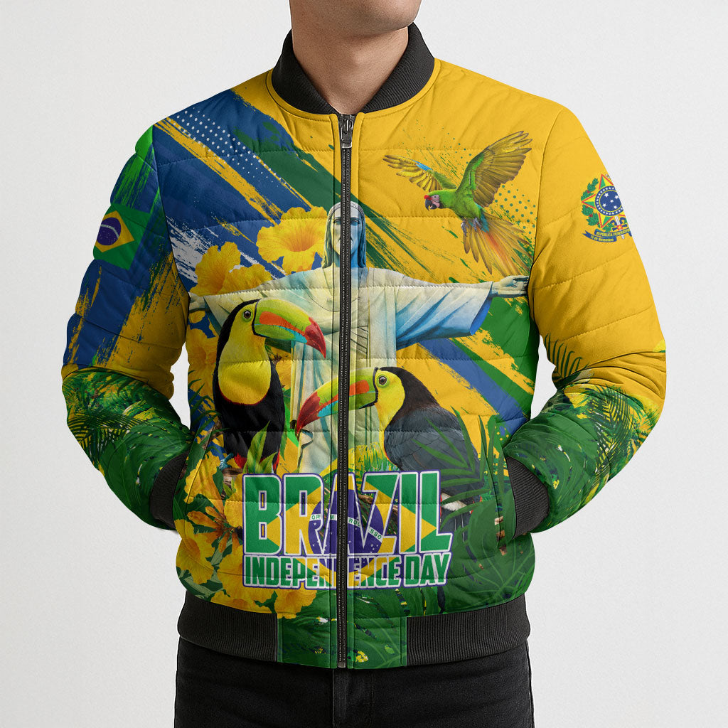 Brazil Independence Day Bomber Puffer Jacket One Nation One Heart - Tropical Toucan Macaw Christ Redeemer