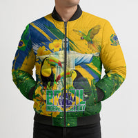 Brazil Independence Day Bomber Puffer Jacket One Nation One Heart - Tropical Toucan Macaw Christ Redeemer