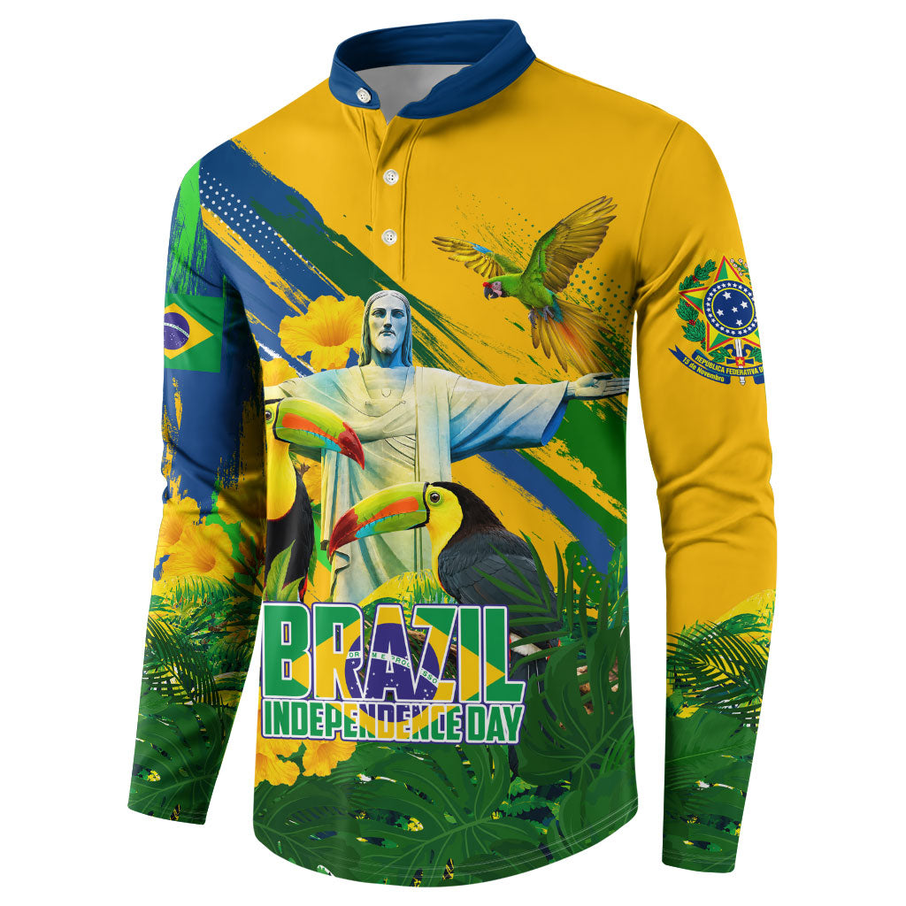 Brazil Independence Day Button Sweatshirt One Nation One Heart - Tropical Toucan Macaw Christ Redeemer