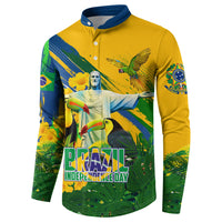 Brazil Independence Day Button Sweatshirt One Nation One Heart - Tropical Toucan Macaw Christ Redeemer