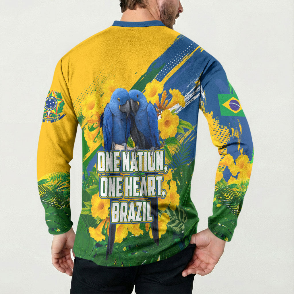 Brazil Independence Day Button Sweatshirt One Nation One Heart - Tropical Toucan Macaw Christ Redeemer