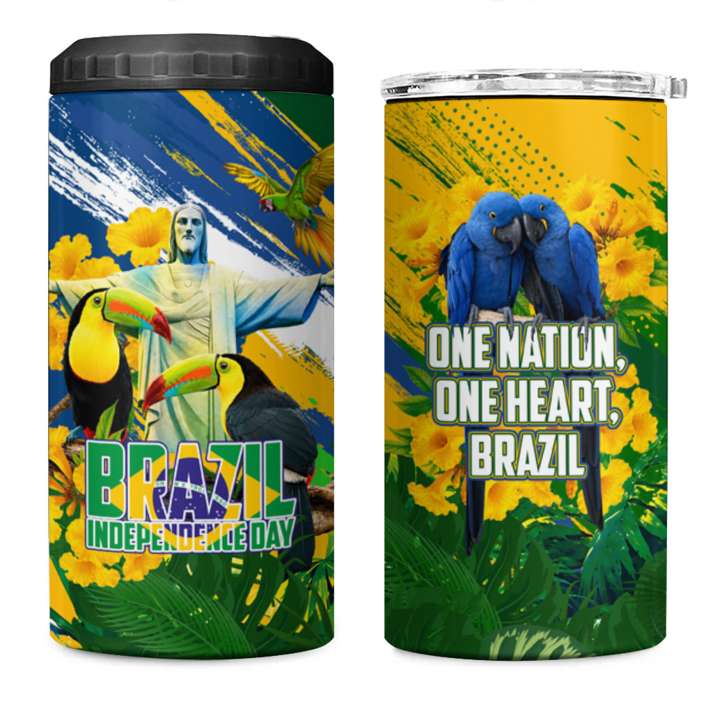 Brazil Independence Day 4 in 1 Can Cooler Tumbler One Nation One Heart - Tropical Toucan Macaw Christ Redeemer