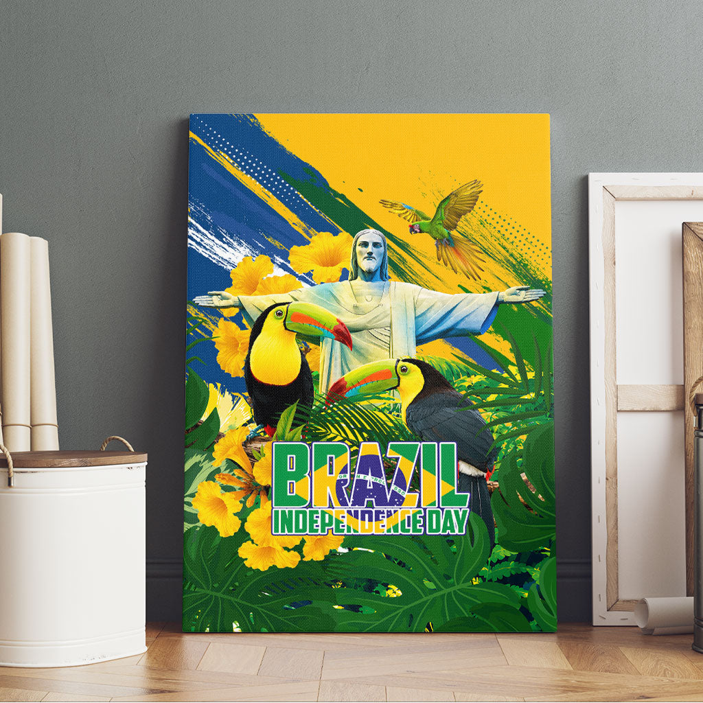 Brazil Independence Day Canvas Wall Art One Nation One Heart - Tropical Toucan Macaw Christ Redeemer