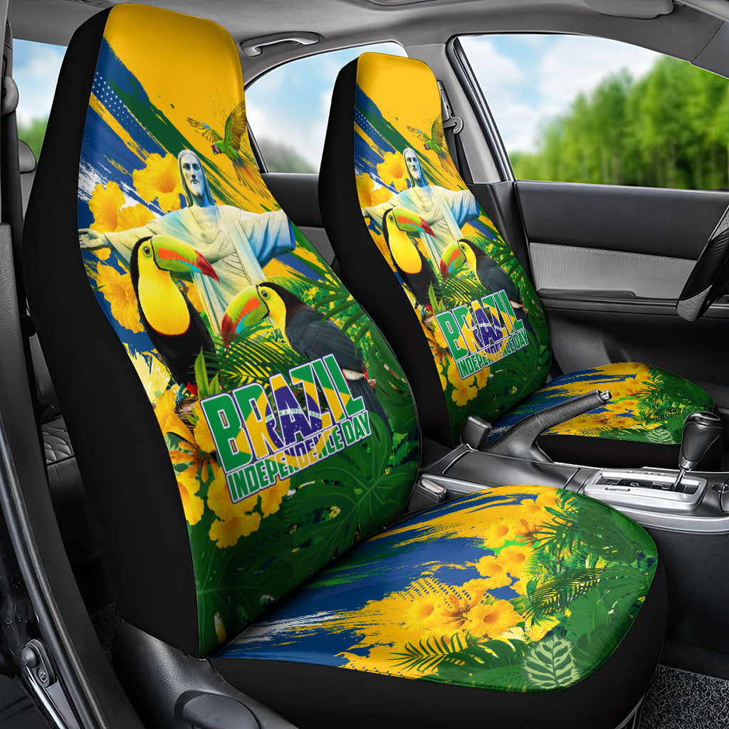 Brazil Independence Day Car Seat Cover One Nation One Heart - Tropical Toucan Macaw Christ Redeemer