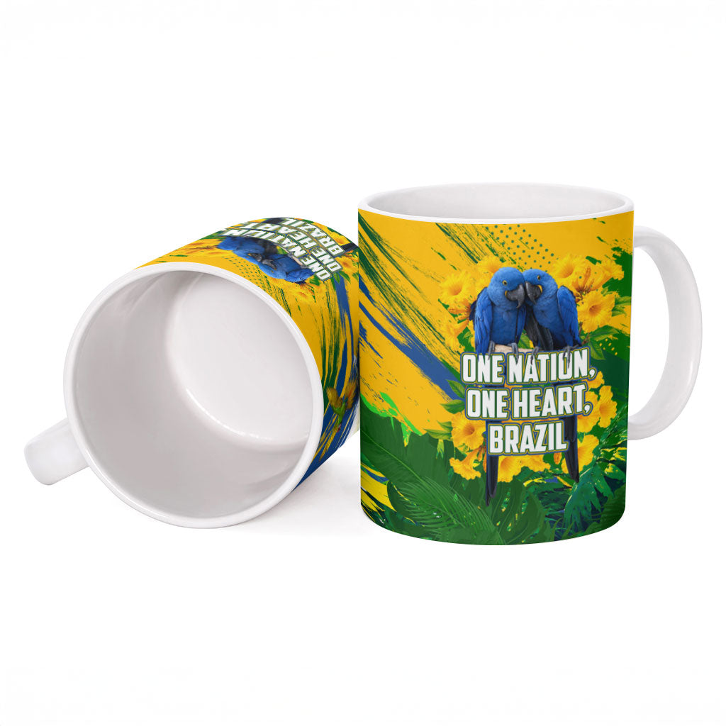 Brazil Independence Day Ceramic Mug One Nation One Heart - Tropical Toucan Macaw Christ Redeemer