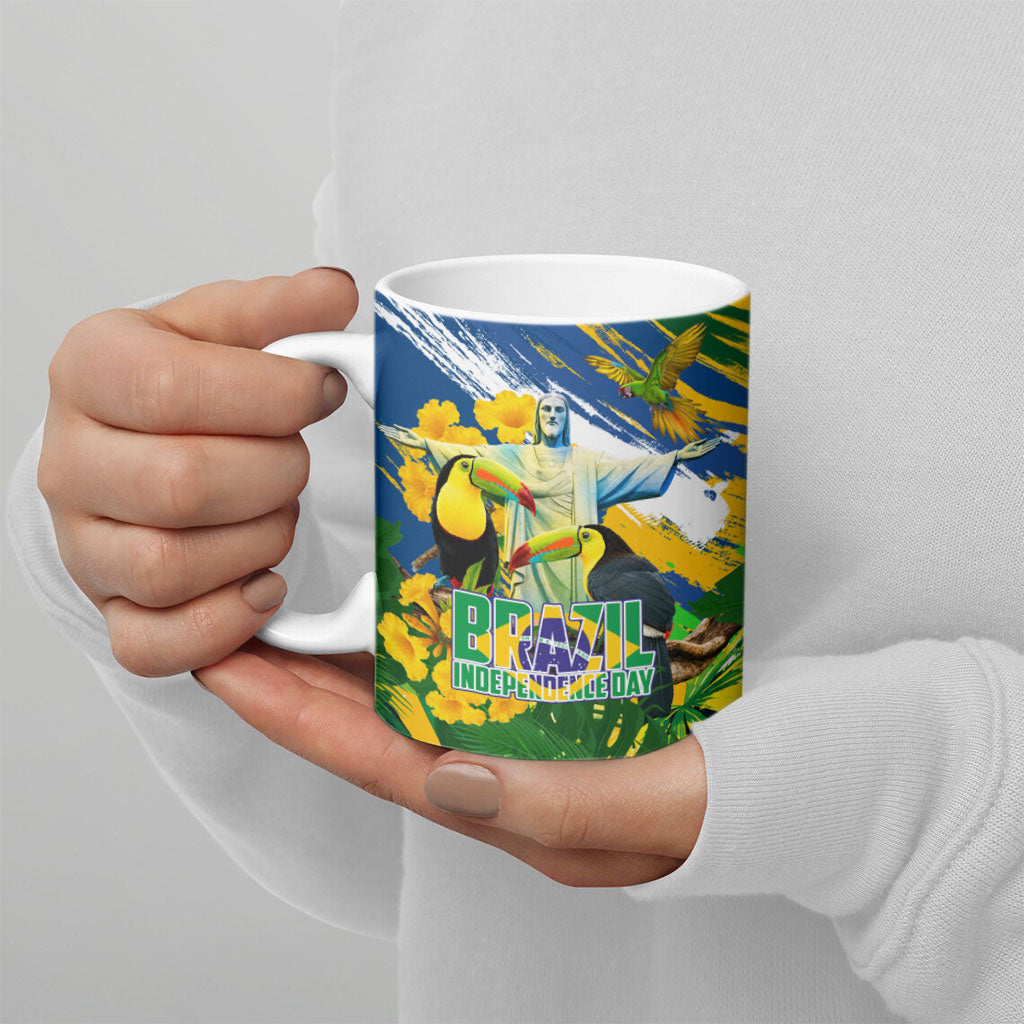 Brazil Independence Day Ceramic Mug One Nation One Heart - Tropical Toucan Macaw Christ Redeemer
