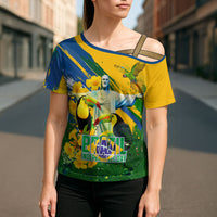 Brazil Independence Day Cross Shoulder Shirt One Nation One Heart - Tropical Toucan Macaw Christ Redeemer