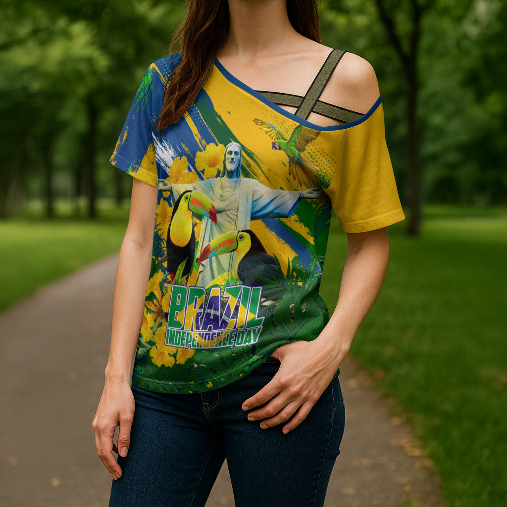 Brazil Independence Day Cross Shoulder Shirt One Nation One Heart - Tropical Toucan Macaw Christ Redeemer