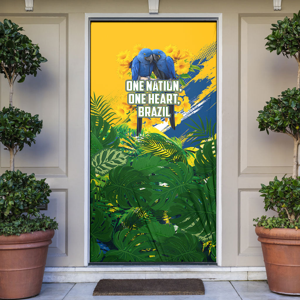 Brazil Independence Day Door Cover One Nation One Heart - Tropical Toucan Macaw Christ Redeemer