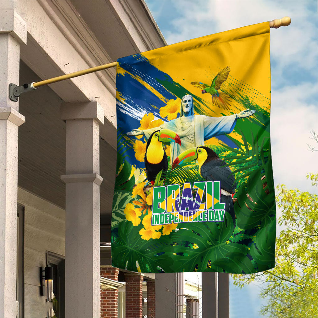 Brazil Independence Day Garden Flag One Nation One Heart - Tropical Toucan Macaw Christ Redeemer
