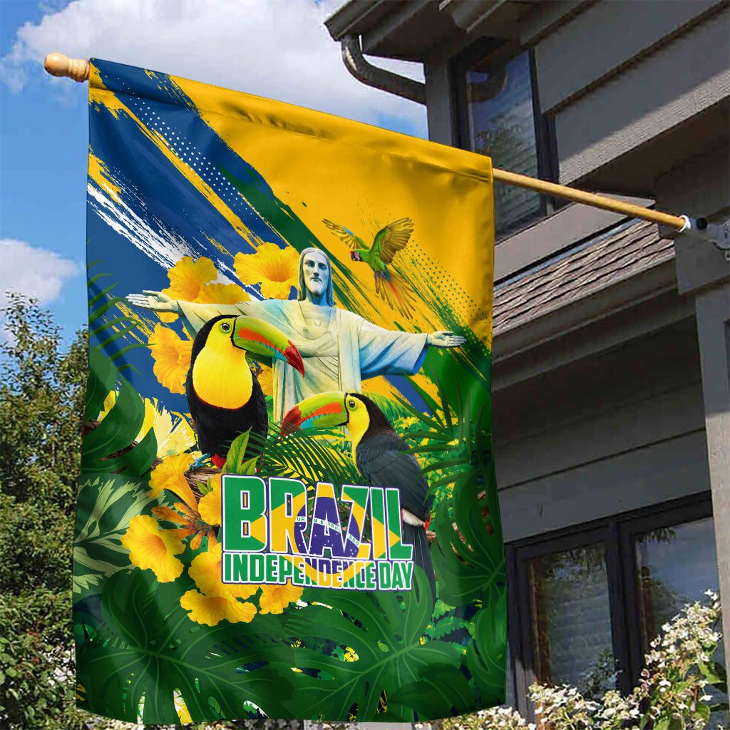 Brazil Independence Day Garden Flag One Nation One Heart - Tropical Toucan Macaw Christ Redeemer