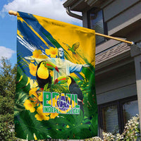 Brazil Independence Day Garden Flag One Nation One Heart - Tropical Toucan Macaw Christ Redeemer