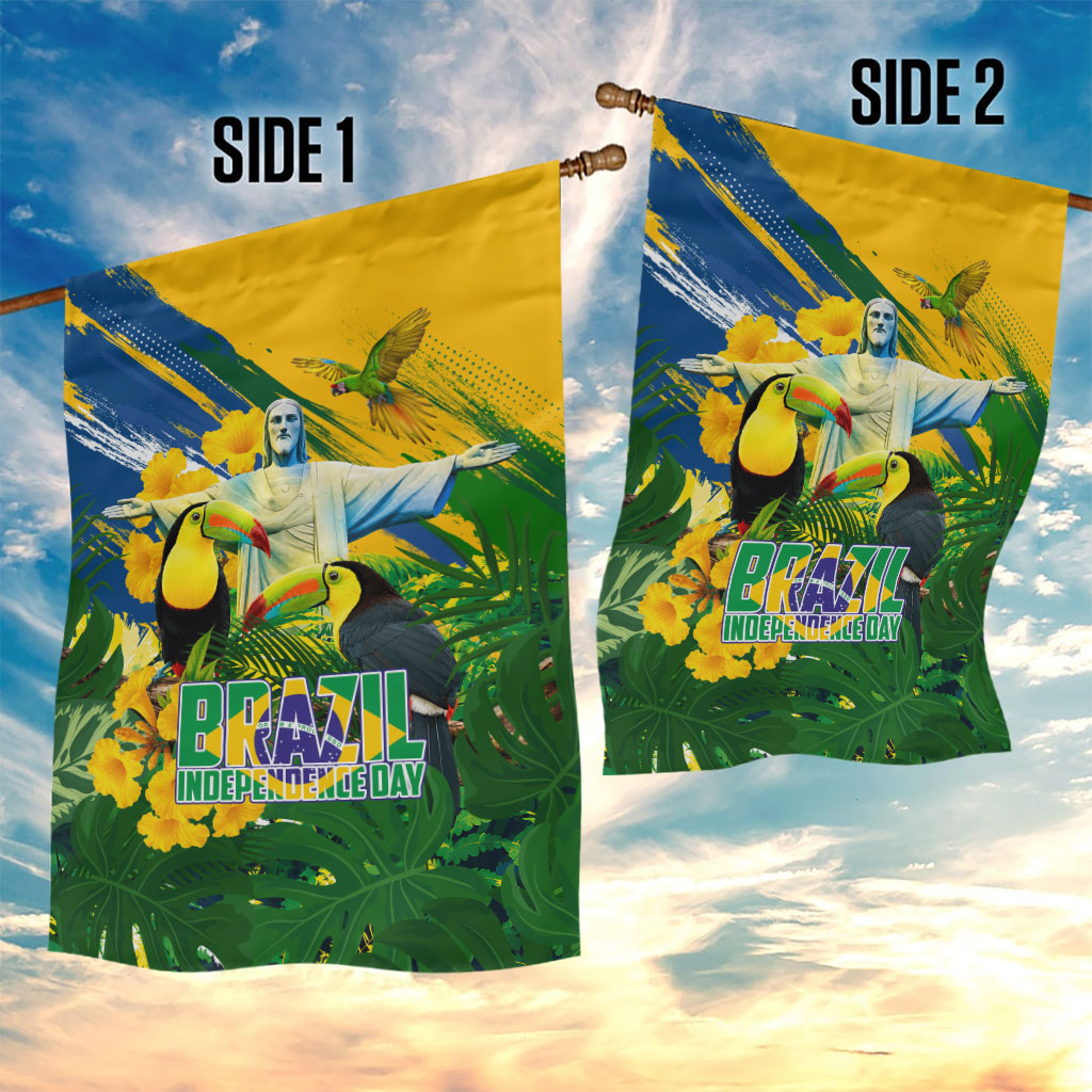 Brazil Independence Day Garden Flag One Nation One Heart - Tropical Toucan Macaw Christ Redeemer