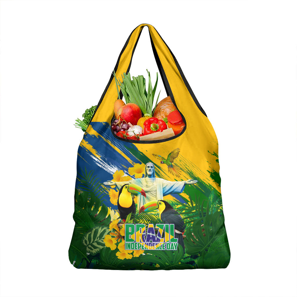 Brazil Independence Day Grocery Bag One Nation One Heart - Tropical Toucan Macaw Christ Redeemer