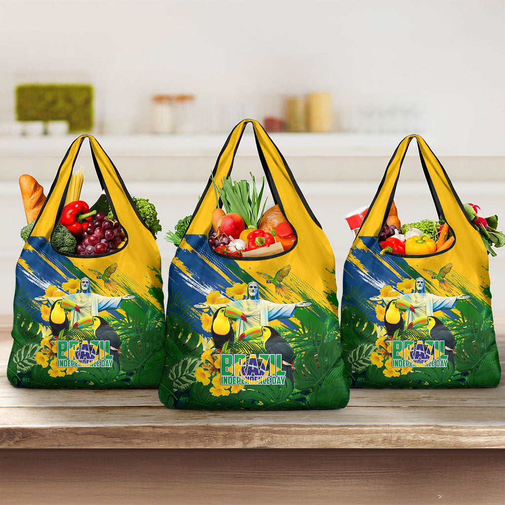 Brazil Independence Day Grocery Bag One Nation One Heart - Tropical Toucan Macaw Christ Redeemer