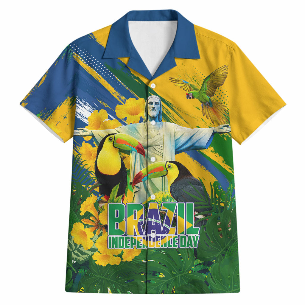 Brazil Independence Day Hawaiian Shirt One Nation One Heart - Tropical Toucan Macaw Christ Redeemer