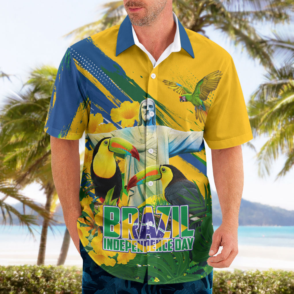 Brazil Independence Day Hawaiian Shirt One Nation One Heart - Tropical Toucan Macaw Christ Redeemer