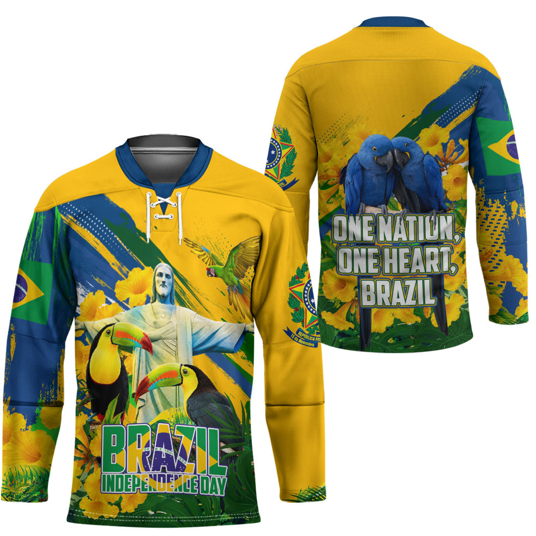 Brazil Independence Day Hockey Jersey One Nation One Heart - Tropical Toucan Macaw Christ Redeemer