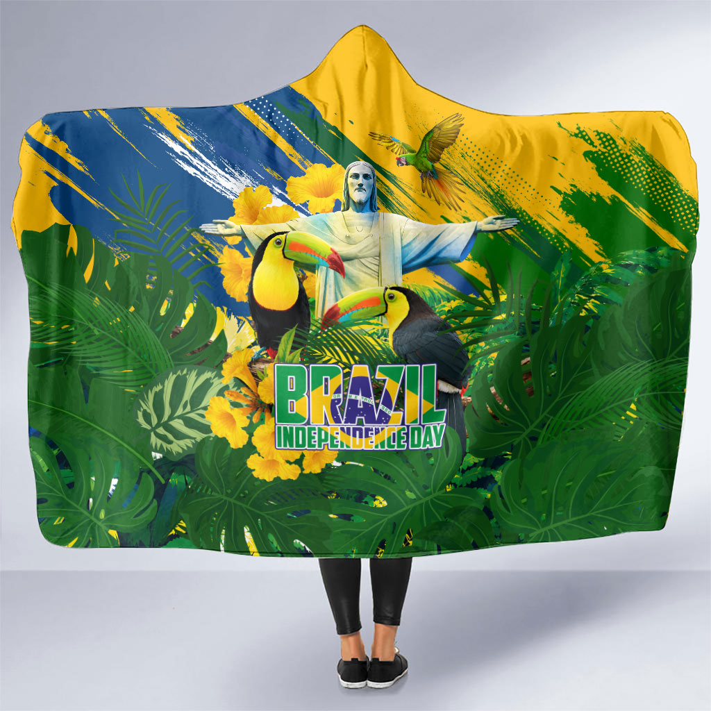 Brazil Independence Day Hooded Blanket One Nation One Heart - Tropical Toucan Macaw Christ Redeemer