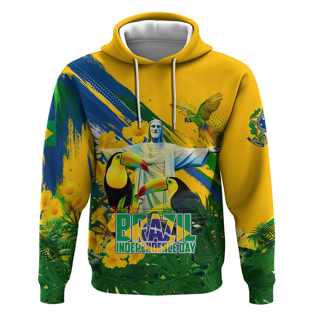 Brazil Independence Day Hoodie One Nation One Heart - Tropical Toucan Macaw Christ Redeemer