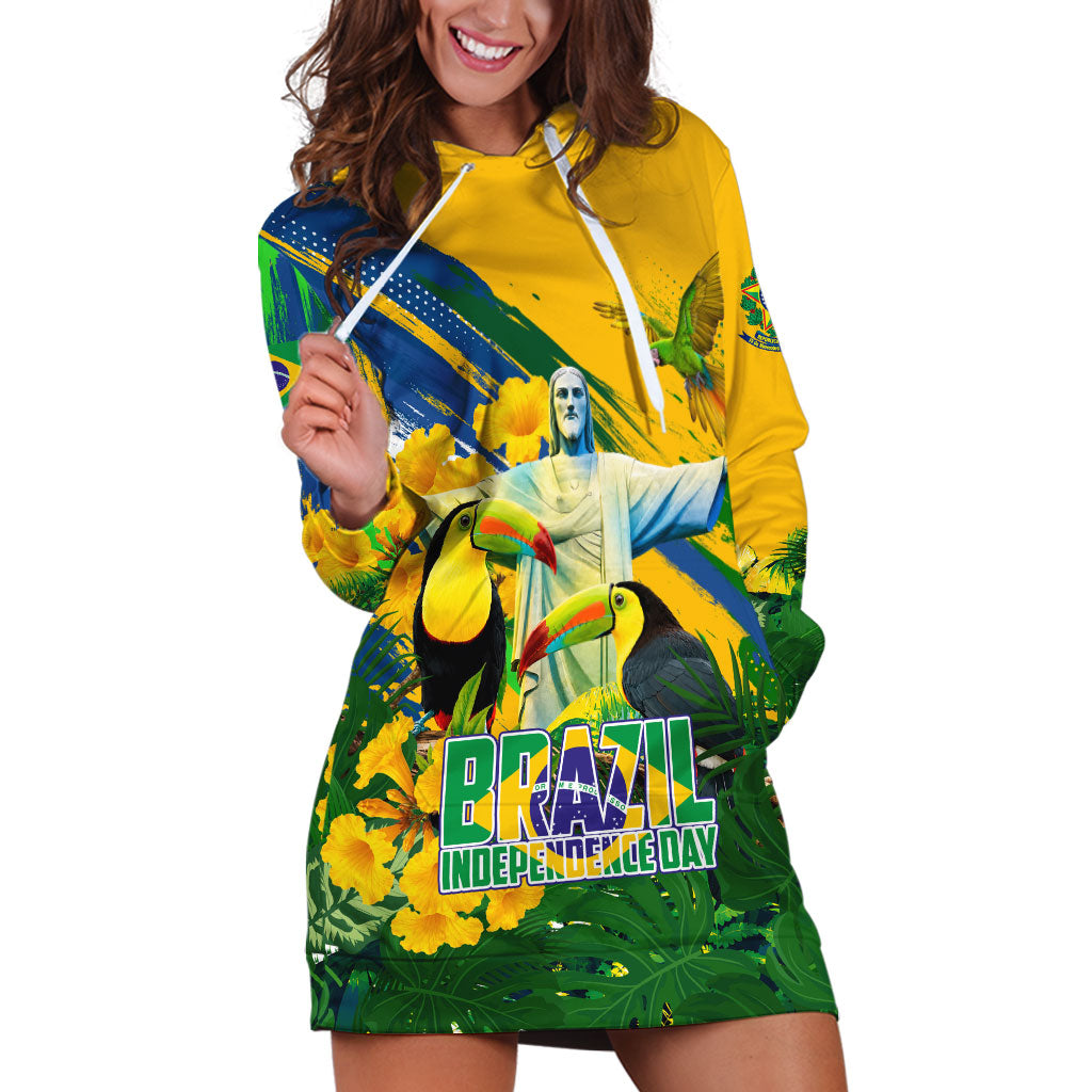 Brazil Independence Day Hoodie Dress One Nation One Heart - Tropical Toucan Macaw Christ Redeemer