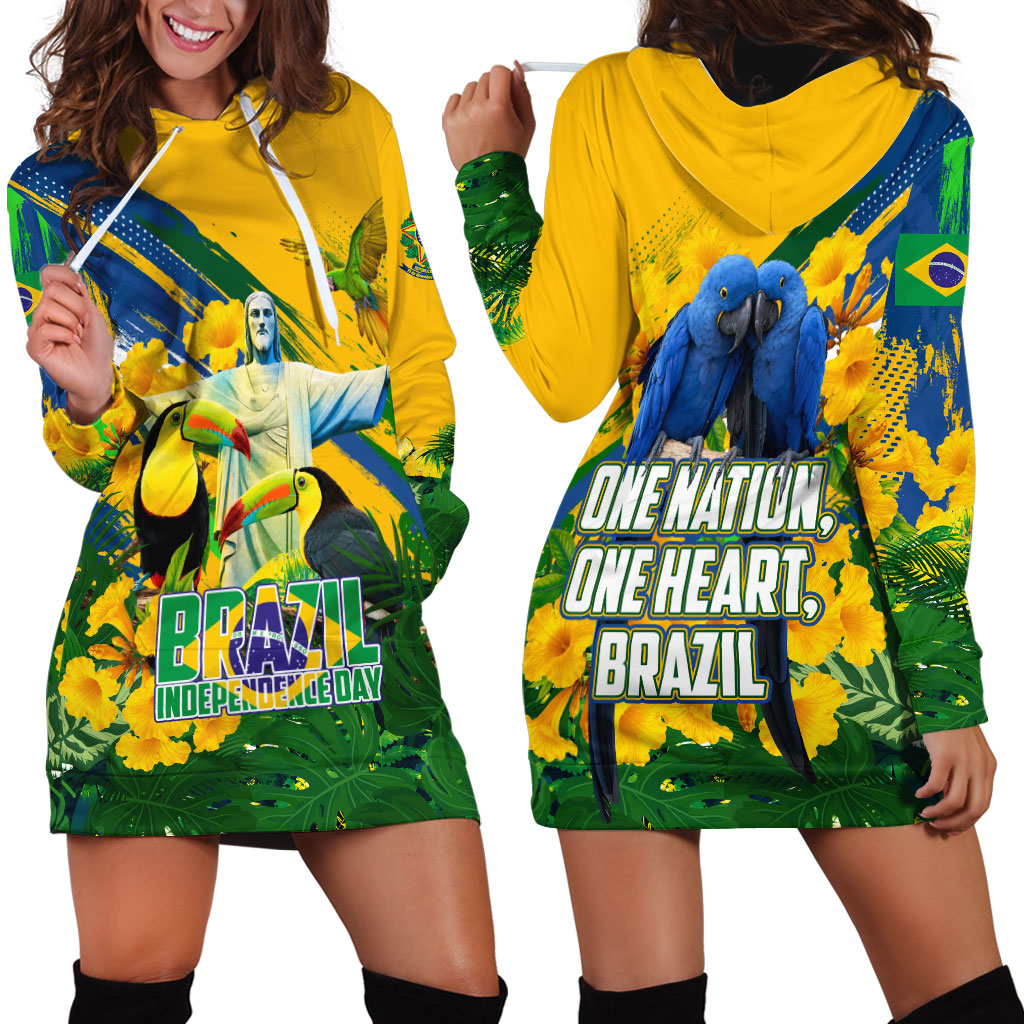 Brazil Independence Day Hoodie Dress One Nation One Heart - Tropical Toucan Macaw Christ Redeemer