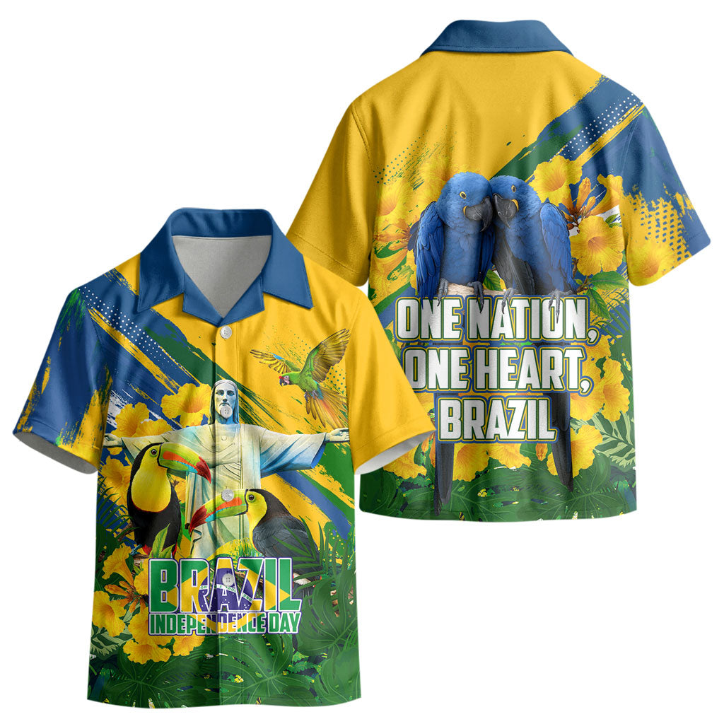 Brazil Independence Day Kid Hawaiian Shirt One Nation One Heart - Tropical Toucan Macaw Christ Redeemer