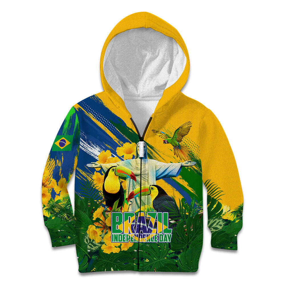 Brazil Independence Day Kid Hoodie One Nation One Heart - Tropical Toucan Macaw Christ Redeemer