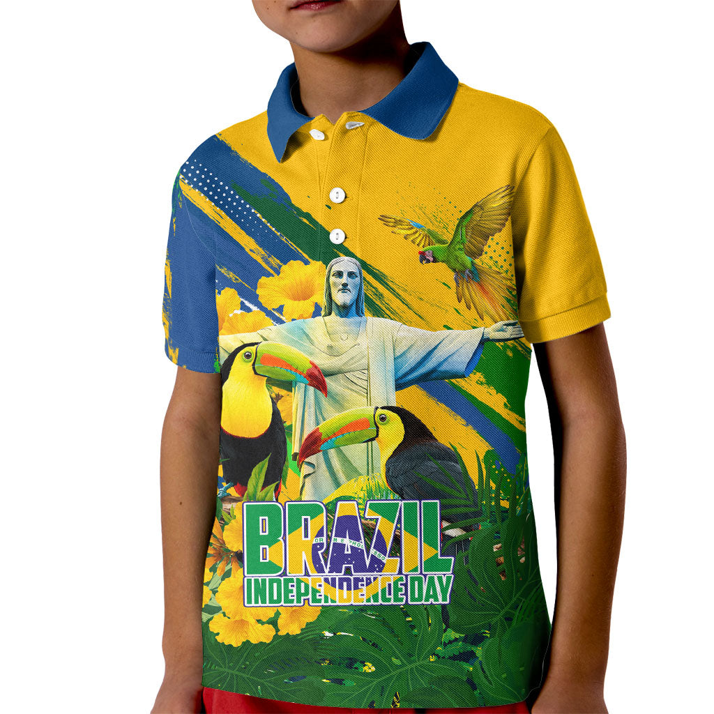 Brazil Independence Day Kid Polo Shirt One Nation One Heart - Tropical Toucan Macaw Christ Redeemer