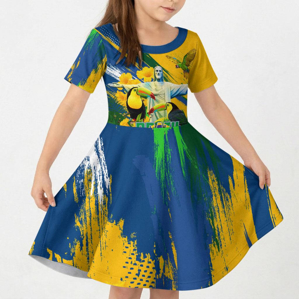 Brazil Independence Day Kid Short Sleeve Dress One Nation One Heart - Tropical Toucan Macaw Christ Redeemer