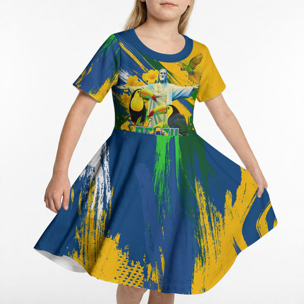 Brazil Independence Day Kid Short Sleeve Dress One Nation One Heart - Tropical Toucan Macaw Christ Redeemer