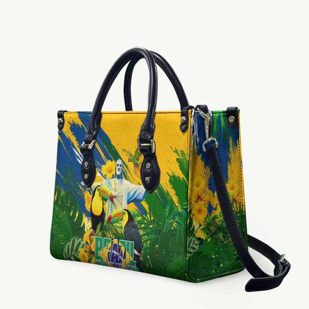 Brazil Independence Day Leather Bag One Nation One Heart - Tropical Toucan Macaw Christ Redeemer