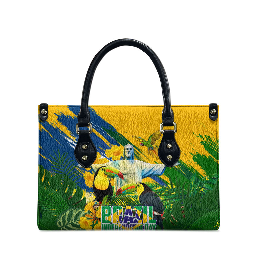 Brazil Independence Day Leather Bag One Nation One Heart - Tropical Toucan Macaw Christ Redeemer