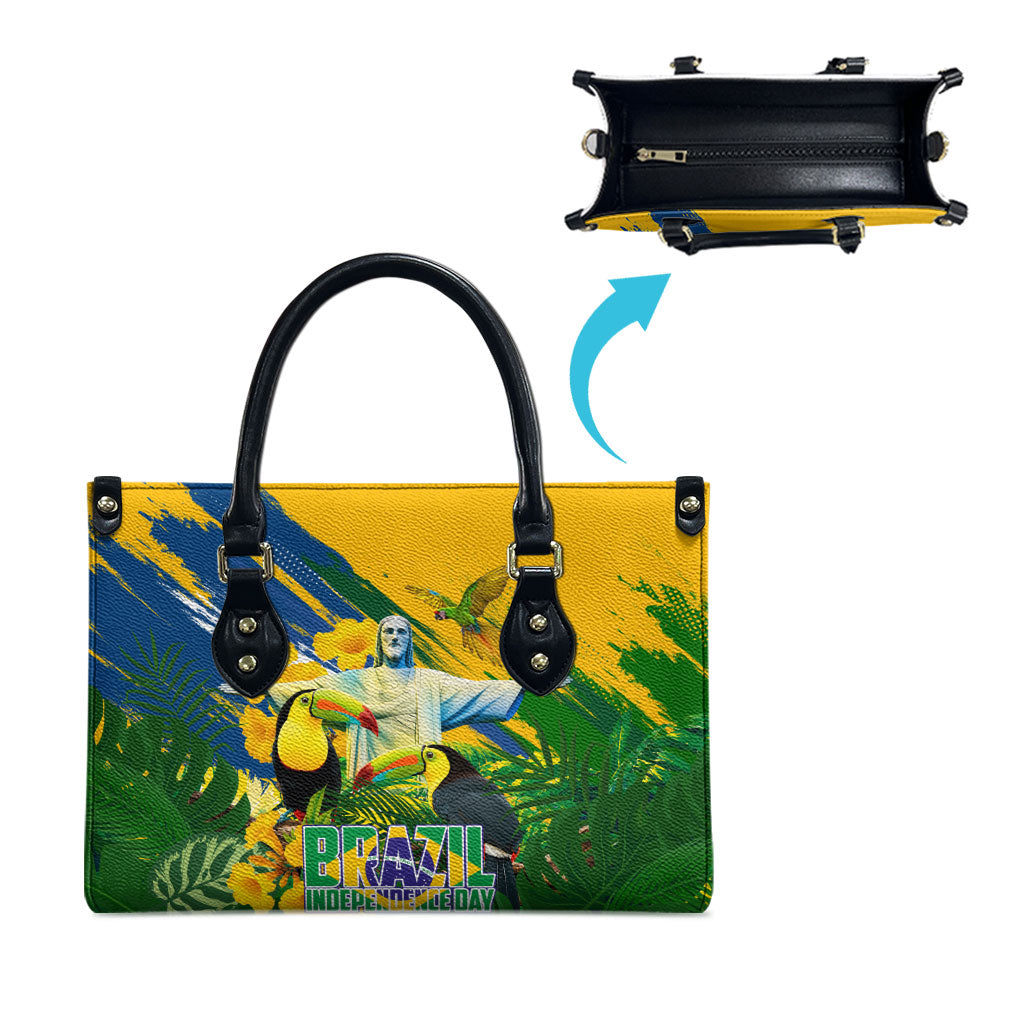 Brazil Independence Day Leather Bag One Nation One Heart - Tropical Toucan Macaw Christ Redeemer