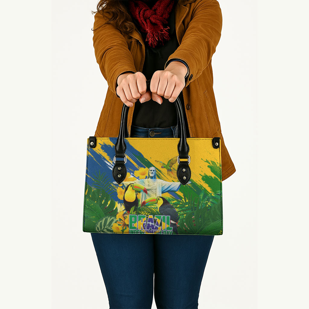 Brazil Independence Day Leather Bag One Nation One Heart - Tropical Toucan Macaw Christ Redeemer