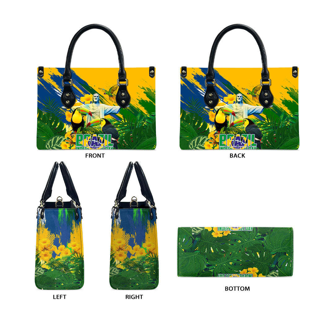 Brazil Independence Day Leather Bag One Nation One Heart - Tropical Toucan Macaw Christ Redeemer