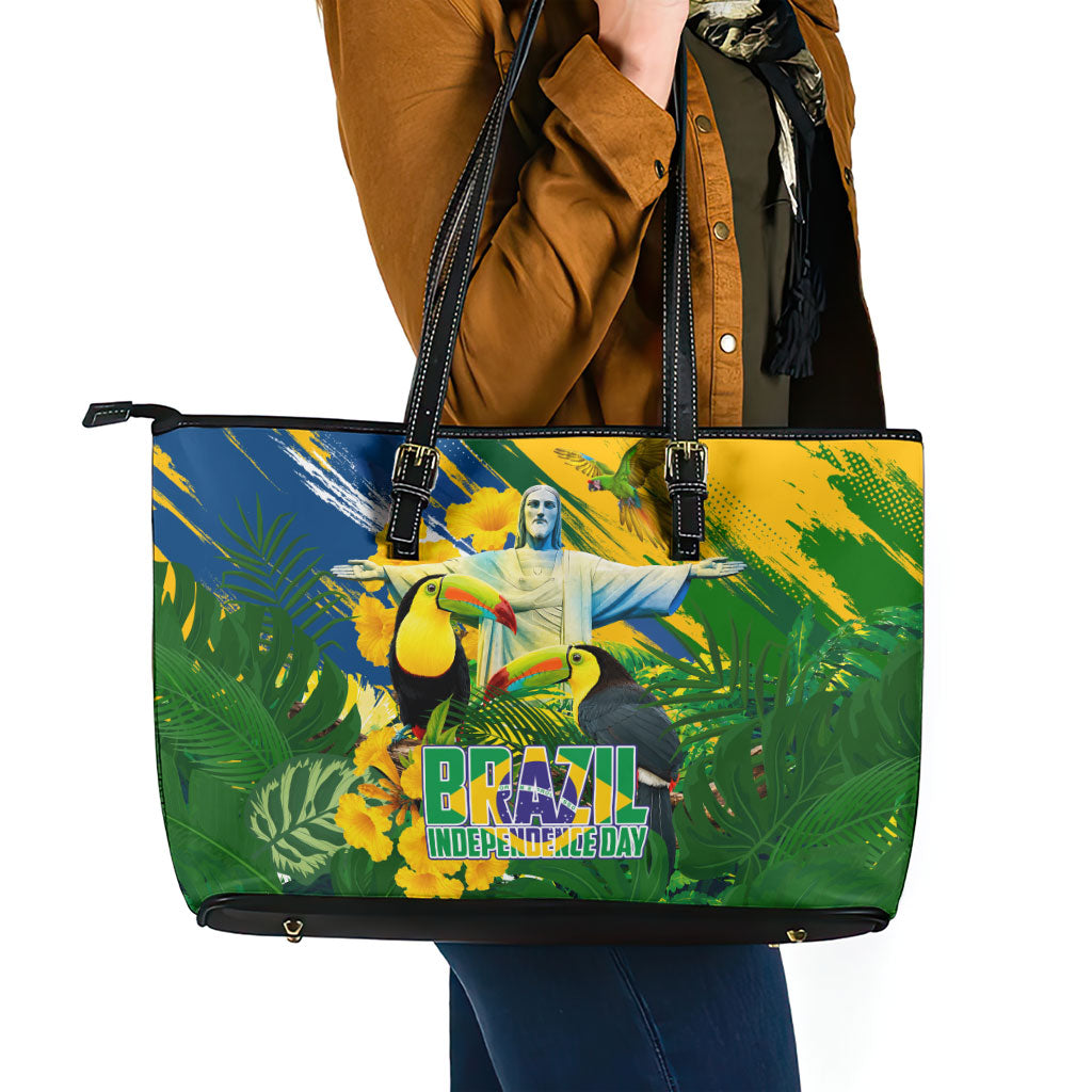 Brazil Independence Day Leather Tote Bag One Nation One Heart - Tropical Toucan Macaw Christ Redeemer
