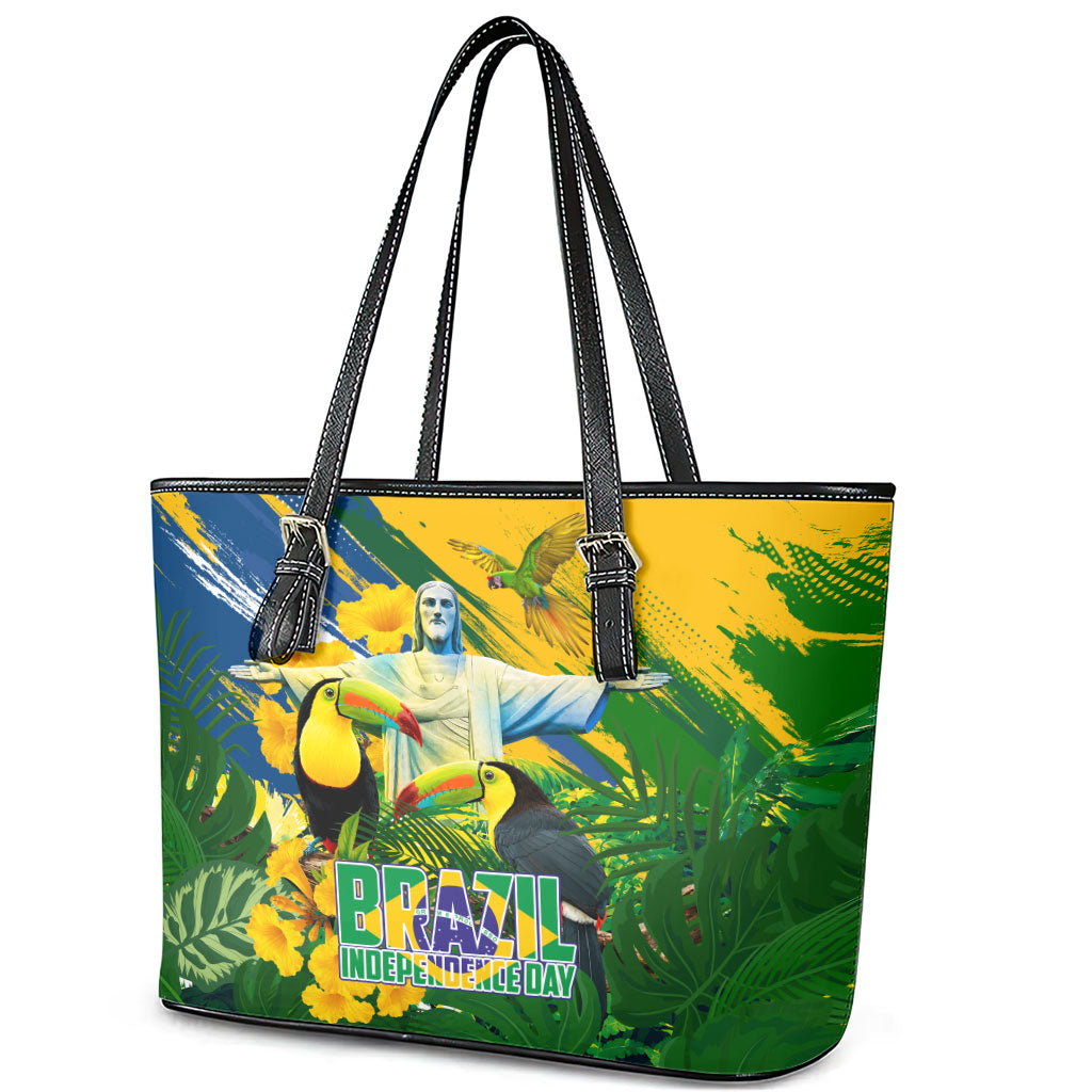 Brazil Independence Day Leather Tote Bag One Nation One Heart - Tropical Toucan Macaw Christ Redeemer