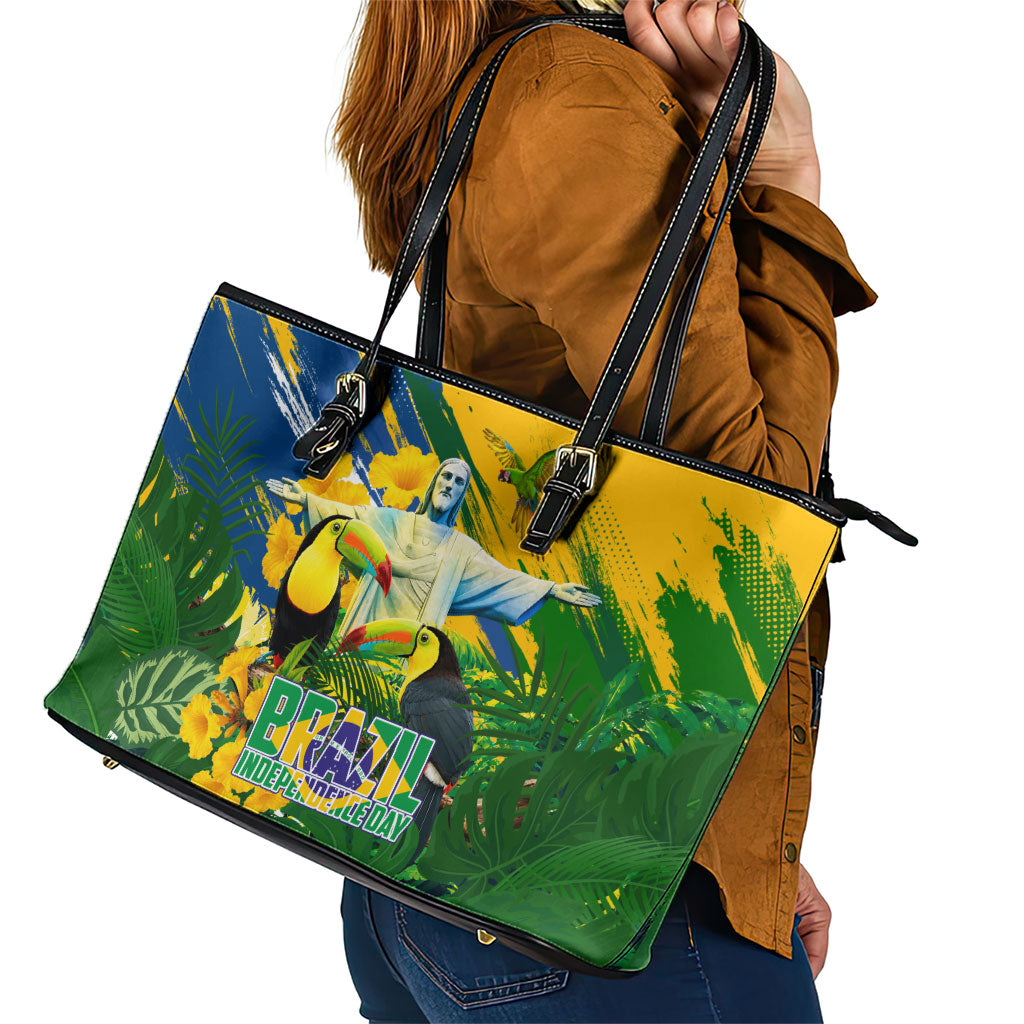Brazil Independence Day Leather Tote Bag One Nation One Heart - Tropical Toucan Macaw Christ Redeemer