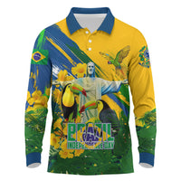 Brazil Independence Day Long Sleeve Polo Shirt One Nation One Heart - Tropical Toucan Macaw Christ Redeemer